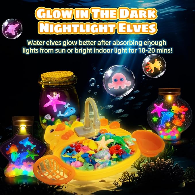 Glow in The Dark Magic Water Elf, Yellow Duck Pool Toy with 12 Aqua Molds,12 Gels to Create Squishy Water Pets, DIY Water Fairy Sensory Toys, Kids STEM Crafts Water Animals, Christmas Birthday Gift