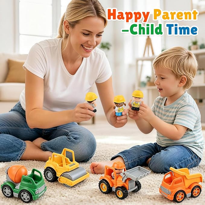 PLAY Recyclable 4 Pcs Construction Truck Toys with 4 Figures for Kids Ages 2 3 4 5 – Dump Truck Vehicle Toy Set, Non-Toxic Toy Car Gift for Toddler Boys and Girls