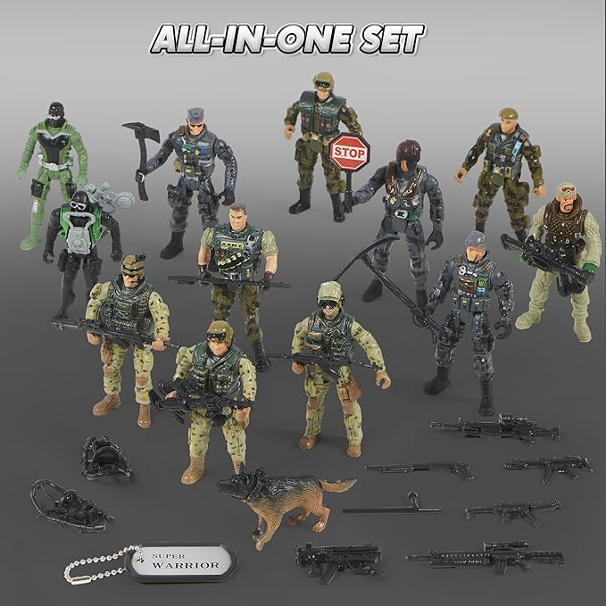 JOYIN 16 PCs Army Men Playset with 12 Realistic Army Ranger Men Action Figures and Weapon Gear Accessories, Military Soldiers Action Figures Playset, Gift for Boys 3 4 5 6 7 8