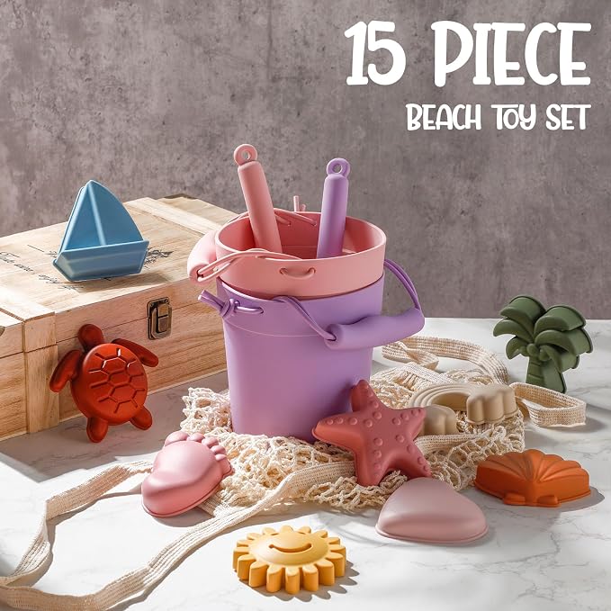 Hungdao 14 Pcs Silicone Beach Toys Travel Beach Set Sand Toys Include 2 Silicone Bucket Pail, 2 Shovel, 9 Sand Molds, 1 Beach Bag for Boys Girls Summer Pool Outdoor Bath Toys (Pink, Purple)
