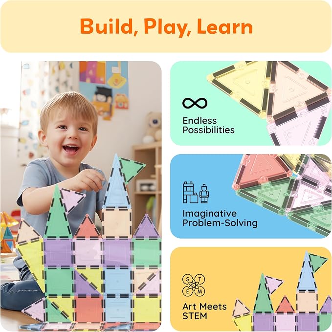PicassoTiles 48PC Magnetic Tiles Pastel Building Construction Stacking Toy STEM Montessori Educational Magnet Tile Sensory Learning Playset For Toddlers Preschool Elementary Boys Girls Ages 3+ PTJ48JN