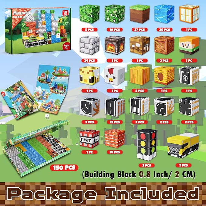 Magneverse 150 PCS Magnetic Blocks - Forest Village Building Block for Kids Ages 4-8, Magnetic Cubes for Boys Girls, STEM Educational Stacking Magnet Toy for 3 4 5 6 7 8 9 10 11 12 Birthday Gifts