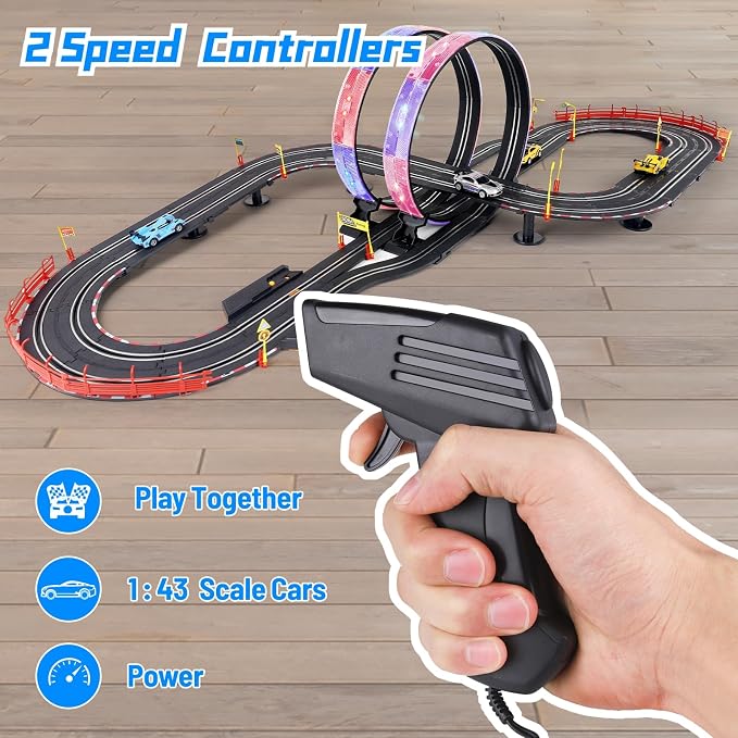 Slot Car Race Track Set, 19ft Electric Track with LED Lights and 4 Slot Cars, 2 Hand Controllers and Racing Game Lap Counters, Set Features Loop, Turns, and Crossover for Boys Age 6-12
