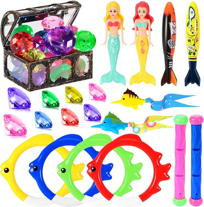 VGOFUN Diving Pool Toys for Kids Ages 3-12, Swimming Pool Toys Water Sinking Toys with Diving Gem Pirate Treasure Chest, Mermaid Toys, Dive Rings Sticks Torpedo Storage Bag for Summer Party Favor