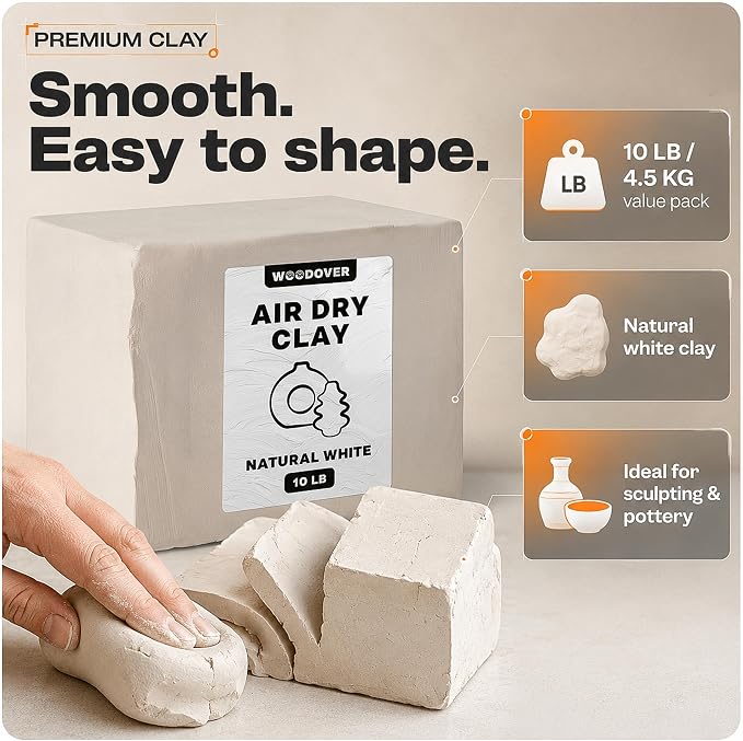 WOODOVER Premium Air Dry Clay White, 10 lb – Natural Modeling Clay for Sculpting, Pottery & DIY Crafts – Self-Hardening for Artists, Adults and Kids