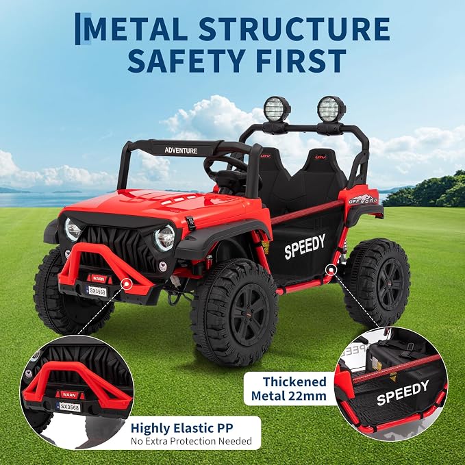 2 Seater Ride on Car for Kids, 24V Ride on Toy, Fast 4.97MPH Truck, 4WD Kids Electric Vehicles with Remote Control, Spring Suspension, Front & Behind LED Lights, Dual Storage, 3 Speeds, Music, Red