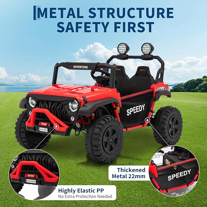 Powerful 24V Ride on Car for Kids, Ride on Truck with Remote Control - 4WD Electric Car, 2 Seater UTV, Spring Suspension, Front & Behind LED Lights, Dual Storage, 3 Speeds, Music,