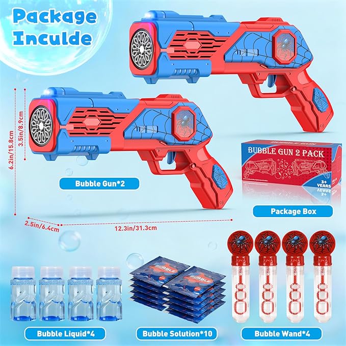 2PCS Bubble Gun for Kids, Spider Bubble Machine Gun with 4 Bubble Solution, Outdoors Toy, Easter, Halloween, Christmas, Party Favors, Birthday Gifts for Boys & Girls Ages 3 4 5 6 7 8