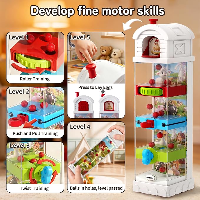 Montessori Toys for 2 Year Old - Farm Egg Maze Adventure Game Toy with 5 Fine Motor Activities, Cause & Effect Travel Toy. (White)