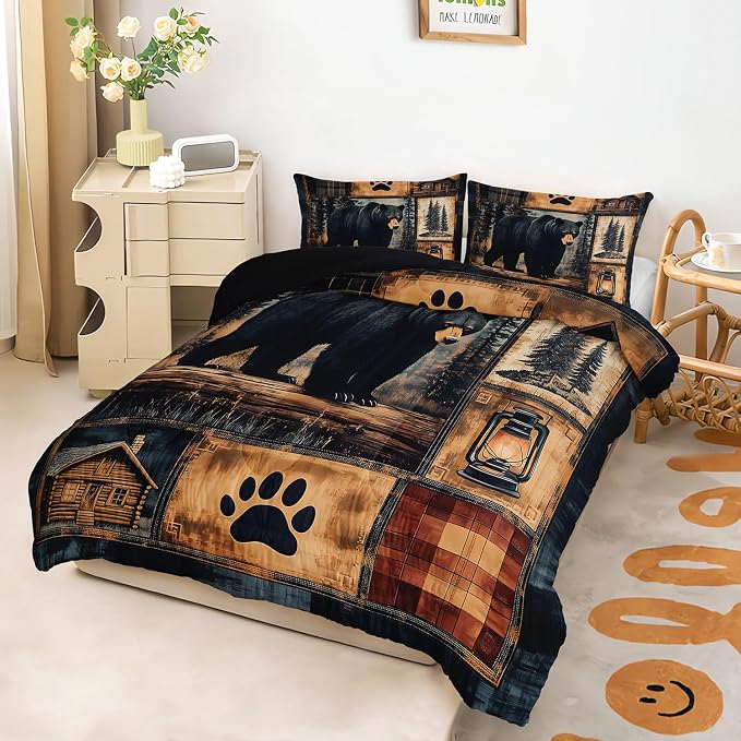AILONEN Black Bear Comforter Set Twin Size,Rustic Bear Bedding Set for Kids Boys Girls,3-Piece Wildlife Themed Hunting Comforter with 2 Pillowcases