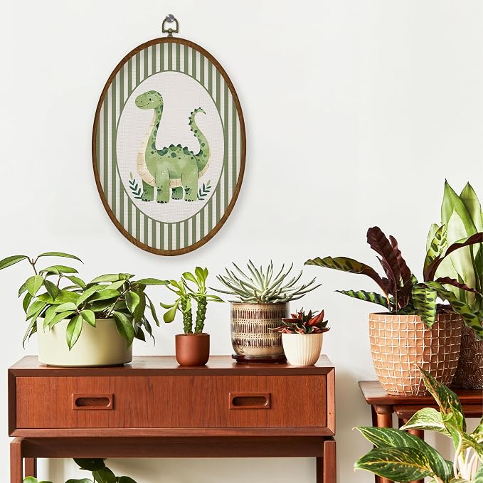 WULQYING Vintage Dinosaur Nursery Wall Art Decor, Boys Room Oval Framed Canvas Art Prints, Green Striped Brontosaurus Dino Wall Hanging Decor for Kids Boys Room Bedroom Playroom, 8.6x11.4 Inches