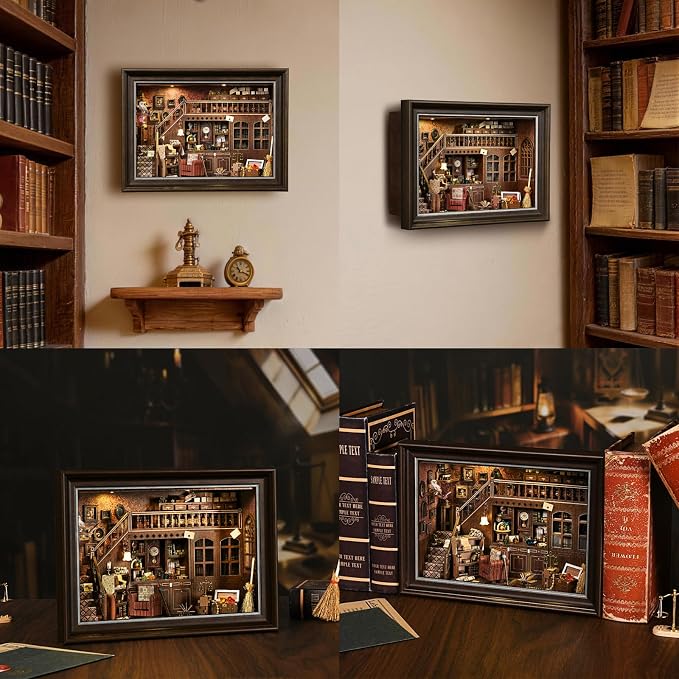 Book Nook Kit-3D Wooden Puzzle with LED Touch Control & Wall-Mountable Frame,DIY Miniature House for Beginners,Bookshelf/Tabletop/Wall Decor for Craft Lovers,Dollhouse Gift,Secret Attic