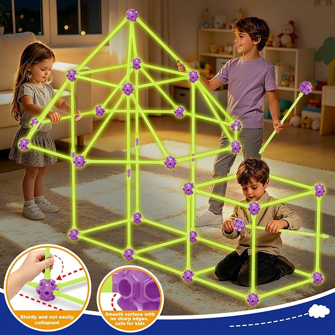 Glow in The Dark Fort Building Kit for Kids, 140 Pcs STEM Construction Toys for DIY Castles Tunnels Play Tent, Ultimate Creative Set, Christmas Birthday Gifts for 4-12 Years Old Boys and Girls