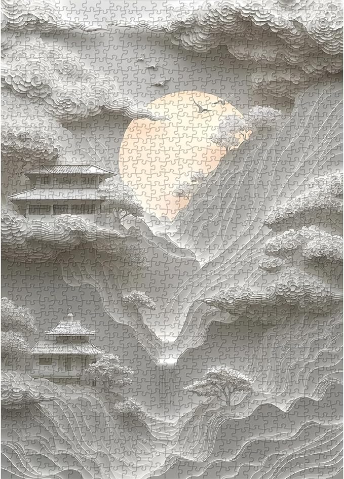 Impossible Landscape Puzzles for Adults 1000 Pieces，White Paper Art Mountain Puzzles Clouds Moon Scenery,Unique Scenic Nature Jigsaw Puzzles Building, Hard Difficult Challenge for Adult