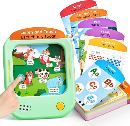 JoyCat Bilingual Kids Learning Tablet, 106 Pages Spanish & English Talking Cards with 20 Interactive Games, Montessori Toy for Alphabet, Words, Numbers, Colors & Songs, Learning Gifts for Toddler 2-6