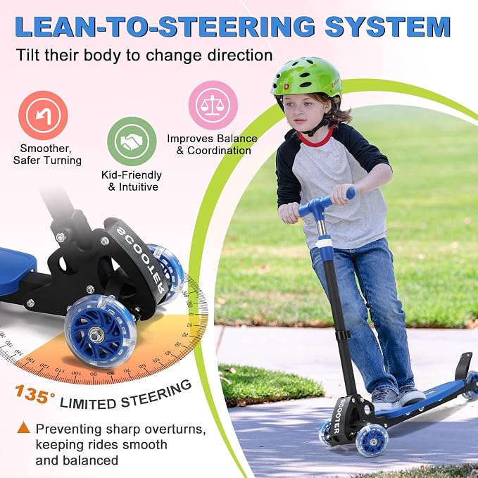 Scooters for Kids 6-8 8-12, Folding 3 Lighted Wheels Kick Scooter,3 Adjustable Height Handlebars, Lean-to-Steer,Widen Anti-Slip Deck, Heavy Duty Scooter for Boys Girls Ages 6-12,up to 170 Lbs
