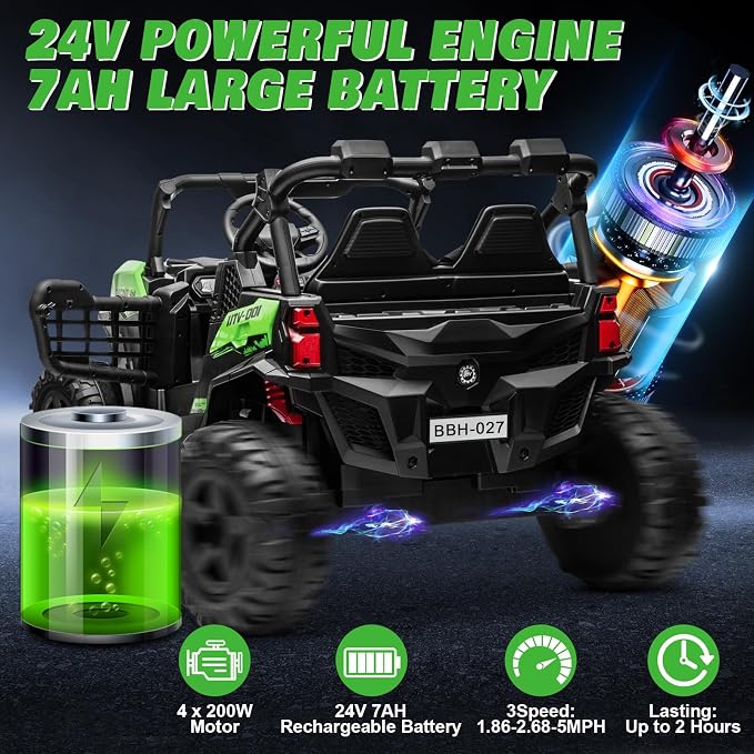 24V 2-Seater Ride On Car Truck w/4x200W, 20" Spacious Seat, 4WD/2WD Switchable, 5 Mph Max Speed, Rainbow Lights, Remote Control, Soft Start, Storage, Electric Car for Kids Ages 3-8, Green