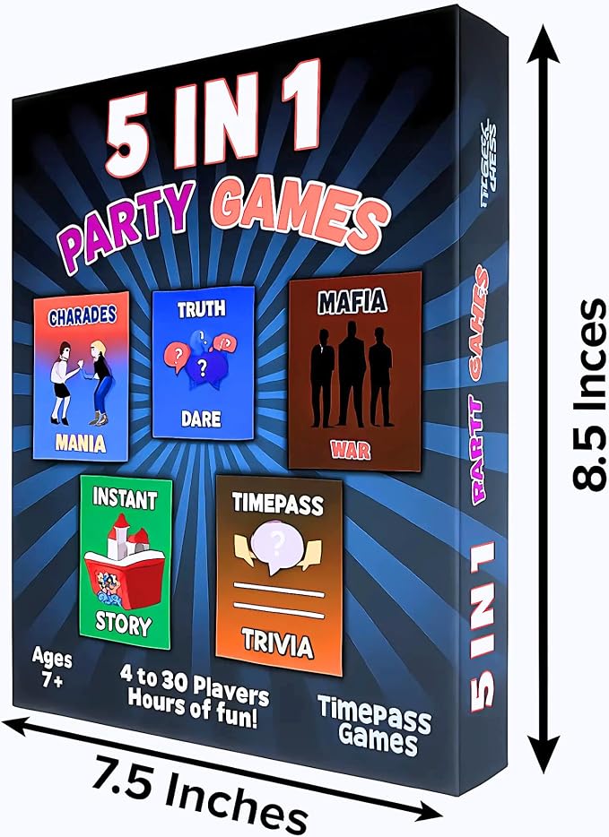 5-in-1 Party Games: Mafia War, 180 Crazy Charades, 150 Trivia Questions, Hilarious Story-Building, and Unheard Truth or Dare Challenges, up to 30 Players