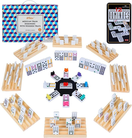 Mexican Train Dominoes Set with 8 Wooden Holders | Double 12 Dominoes with 91 Color-Coded Tiles & Hub | Domino Tile Board Games for 2-8 Players | Family Board Game for Adults & Kids (D12 + 8 Holders)