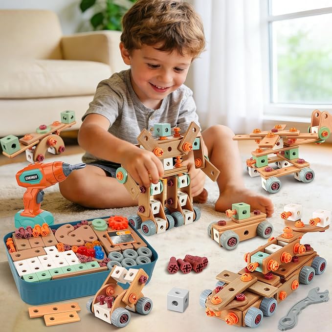 Design and Drill Toy - Toddler Tool Set with Drill & Toolbox, Create And Design Drill Kit Stem Toys for Kids Ages 3-6, Toddler Building Educational Construction Toy for 3-6 Year Old Girl (WOOD COLOR)
