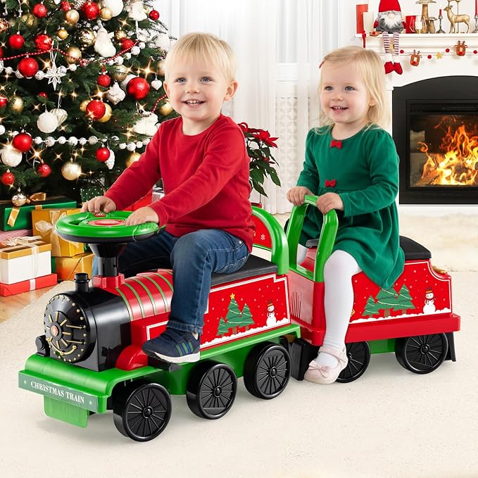 OLAKIDS 6V 2-Seater Ride on Train with Carriage, Storage, Train Whistle, Music, Lights for 18 Months+ (2 Seaters, Christmas)