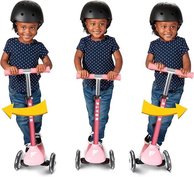 Radio Flyer Glider Jr. Scooter with Light Up Wheels, Pink, for Kids 2-5 Years Old, Lean-to-Steer, Adjustable Handlebar, Rear Foot Brake, Smooth Bearings, Comfort Grips, 3 Wheel Scooter for Kids