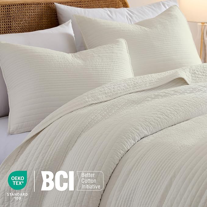 palassio Striped Beige 100% Cotton Quilt California Cal King Size Bedding Sets, Oversized Lightweight Channel Pick Stitch Textured Bedspread Soft Farmhouse Country Coverlet for All Season, 2 Shams