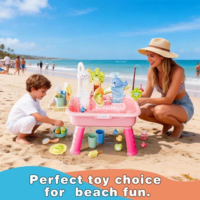 2026 Upgraded Water Table for Toddlers 1-3, Kids Play Sink with Running Water, Toddler Kitchen Sink Toy with Pump, Fishing Game & Sensory Water Play Toys for Boys Girls (Pink)