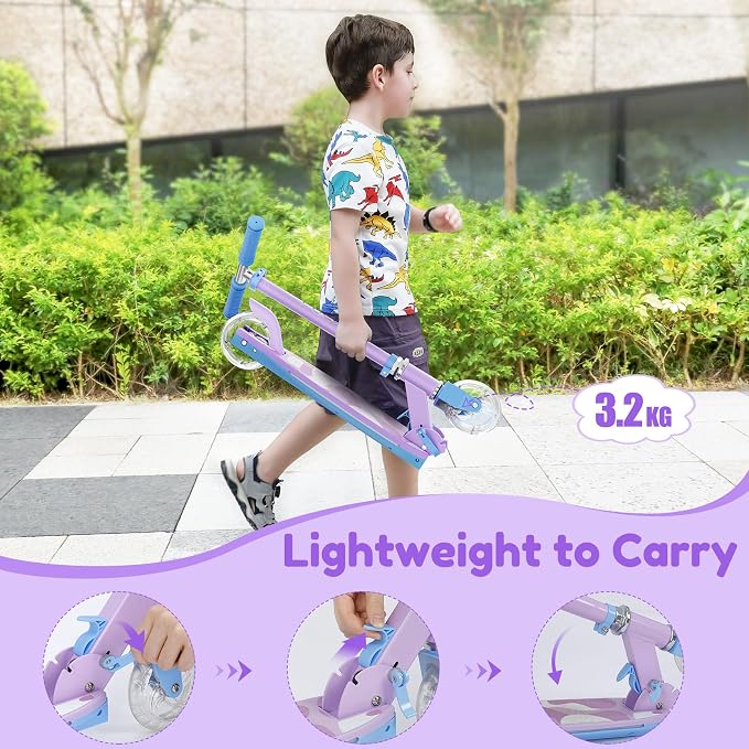 TONBUX Scooters for Kids 5-12, 2 Wheel Scooters with Cool Light Up Stem, Wheels, and Deck, 3 Level Adjustable Height Kick Scooter, Foldable and Lightweight Scooter for Kids 8-12