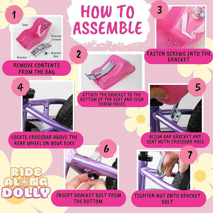 Ride Along Dolly Doll Bicycle Seat - Fits 18-22 inch Dolls & Stuffed Animals - Pink Bike Seat Attachment for Kids' Bicycles with DIY Decorate Yourself Decals - Universal Fit Girls Bike Accessory