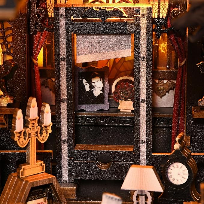 Book Nook Kit - Goth Castle DIY 3D Wooden Puzzle for Adults, Horror Bookshelf Insert with LED Lights, Halloween Home Decor Gift, The Dark Family