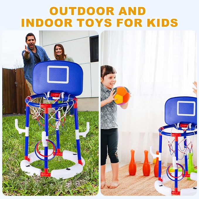 Taotuo Blue Floating Pool Basketball Hoop with Backboard, 2-in-1 Poor Toy Basketball & Ring Toss Game with 4 Balls, 6 Rings&Pump, Summer Pool Toys Outdoor Water Fun Family Party for Age 3-12