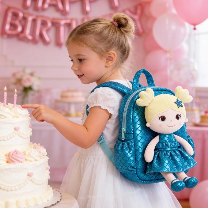 Lazada Toddler Backpack - Baby Girl Gifts Plush Doll Dress Backpack - Fashion Girls Tina Fish Scale Series - Blue 11Inches