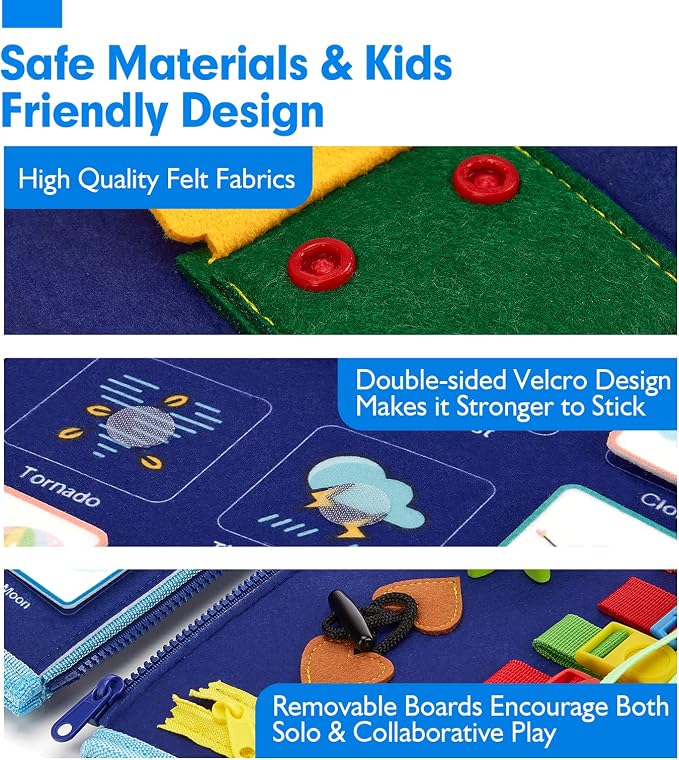 hahaland Busy Board for Toddlers - Montessori Toys Preschool Learning Activities with Life Skills, Alphabet, Number, Shape, Color, Animal, Weather - Toddler Boy Learning Educational Toys, Travel Toys