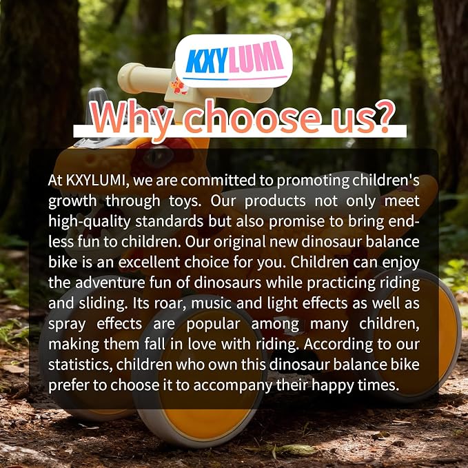 Dinosaur Balance Bike for 1-3 Year Olds, 4-Wheel No-Pedal Bike for Walker, Ride on Toys for Toddlers with Music and Mist Spray, First Birthday Gift for Boys & Girls (Orange)