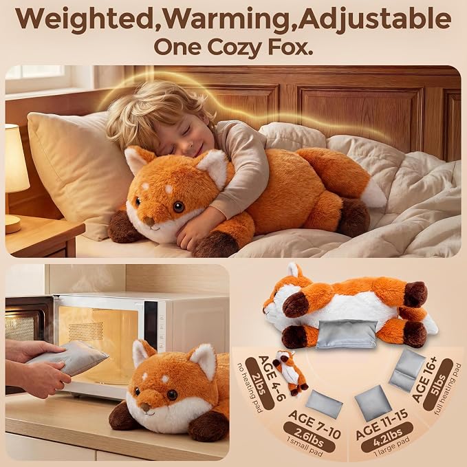 Mewaii Weighted Stuffed Animals for Adults & Kids, 2-5 lbs - 23" Heatable Coolable Fox Plush, Microwavable Adjustable Removable Inner Pad, Realistic Hug Comfort Gift (Red)