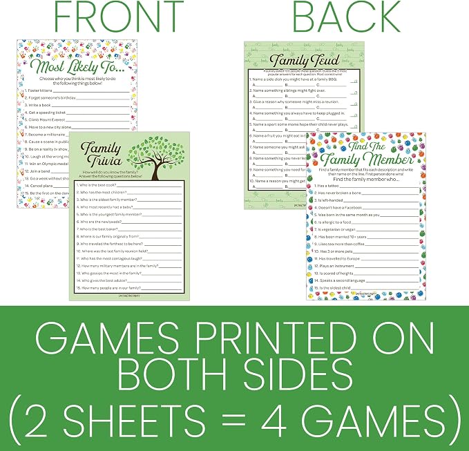 DISTINCTIVS Family Reunion Game Pack - Family Trivia, Most Likely to, Family Feud & Find the Family Member - 4 Game Set for 20 Guests