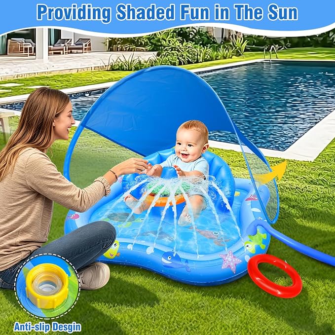 iGeeKid Baby Play Mat with Sprinkler, Inflatable Baby Pool Float with Canopy Backrest & Stackable Rings Water Sprinkler for Kids, Outdoor Water Play Toys for Toddlers Backyard Swimming Water Games
