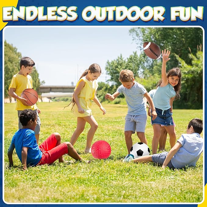 Sports Balls for Kids & Toddlers - (Pack of 4) 5-inch Sports Set Includes Football, Small Size Soccer, Basketball, and Playground Balls, Fun Indoors & Outdoor Toys (Hand Pump Included)