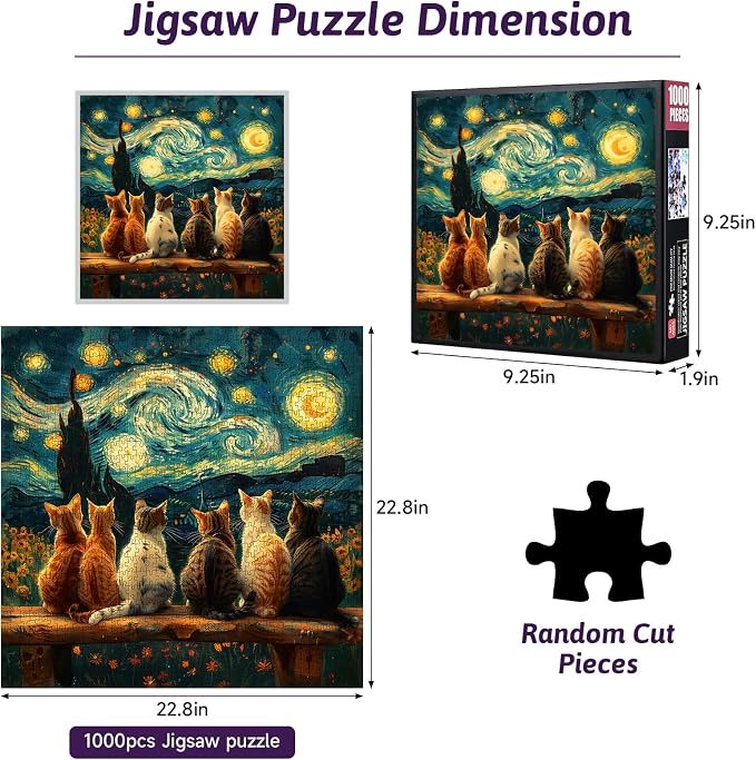 1000 Pieces Jigsaw Puzzle for Adults – Jigsaw Puzzle 1000piece Adult Puzzles, Starry Night Sky Cat Puzzles Brain Teaser, Interactive Family Game Suitable for Ages 14+, DIY Home Decor