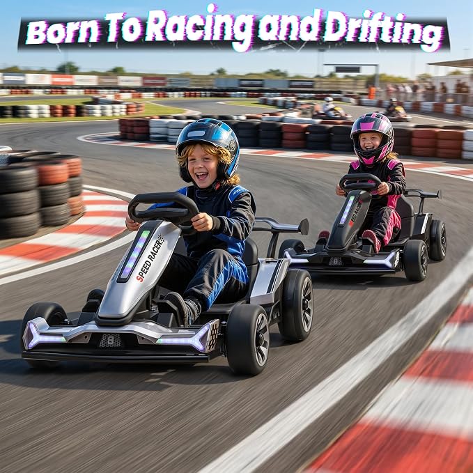 24V Electric Go Kart, Kids Drift Kart with Dual 400W Motors, Length Adjustable Seat, 8.2 MPH Max, 130LBS Max Load, Outdoor Ride on Toy Crazy Kart w/Bluetooth Music, Rainbow Light