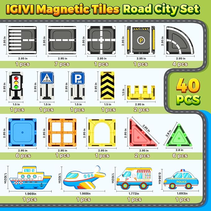 Magnetic Tiles Road Set, STEM Magnetic Blocks for Kids Ages 3-5 4-8 5-7, Construction Magnet Tiles Kids Toys, Christmas Birthday Gift for Boys Girls Ages 3+