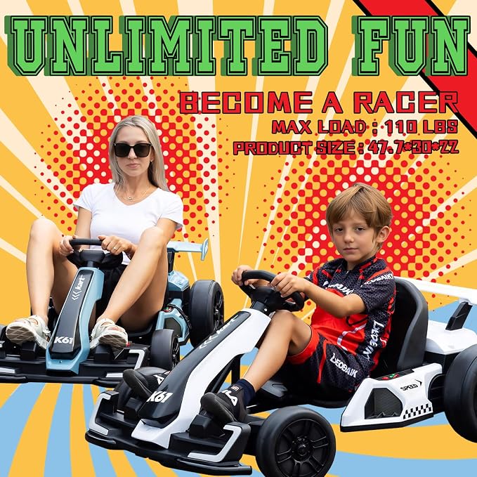 KerryYoo K61 Go Kart Electric Drift Kart with Length Adjustable Seat, 24V Outdoor Ride on Toy with 4 Speed Mode, Crazy Kart for Kids 6-12 Years Old, Fast 300W Motor, 8.5 MPH, Bluetooth - Gray