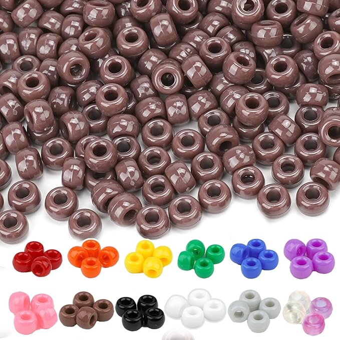 Dowsabel Brown Pony Beads Bulk 1000 Pcs 6x9mm, Large Hole Kandi Hair Beads for Braids Bracelets, DIY Friendship Bracelets Necklaces Jewelry Making Crafts and Gifts