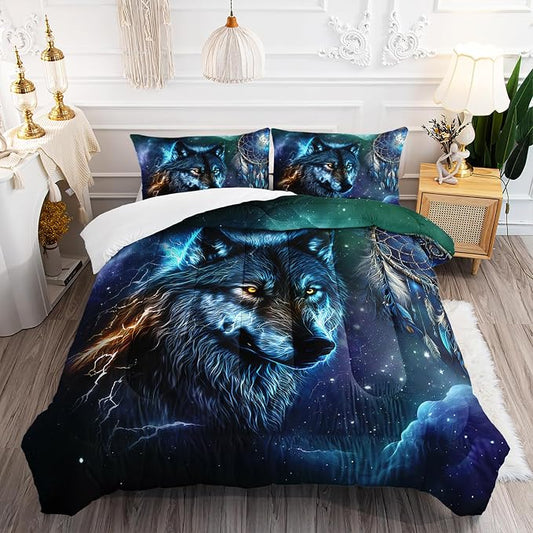 AILONEN Wolf Dream Catcher Comforter Set Twin Size, Blue Galaxy Wolf Bedding Set for Boys, Outer Space Comforter Sets Wild Animals Duvet Set 3 Pieces, 1 Quilt and 2 Pillowcases