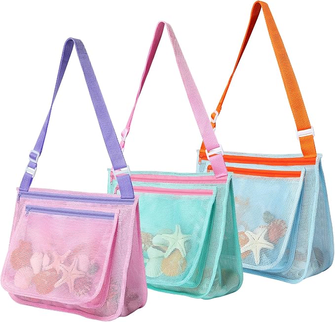 3 Pcs Seashell Collecting Bag for Kids,Beach Mesh Bag with Adjustable Shoulder Straps,Beach Toys Swimming Accessories for Boys and Girls