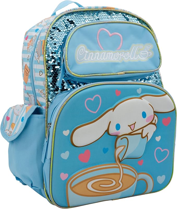 AI ACCESSORY INNOVATIONS Sanrio’s Hello Kitty Backpack for Girls, 16 Inch Cinnamoroll, Kawaii School Bag with Flip Sequins & 3D Molded Front Pocket, Blue