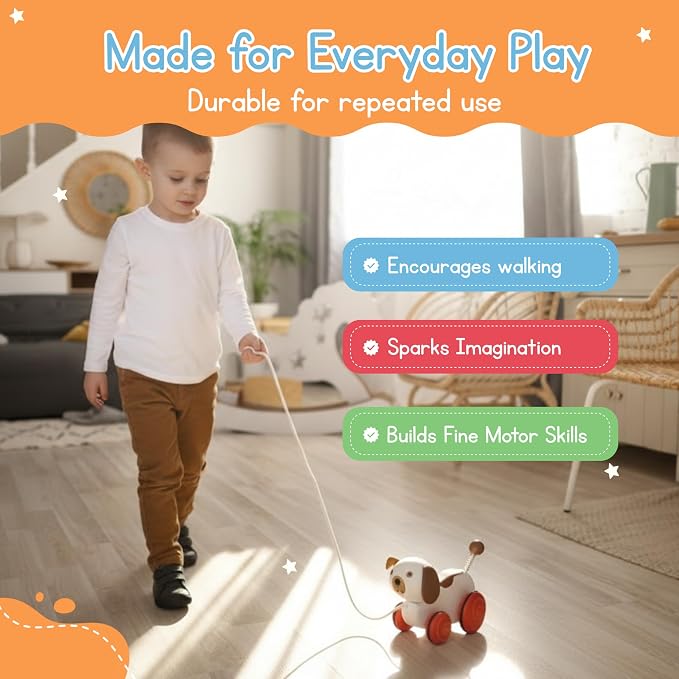 Jack Rabbit Creations- Wiggles The Dog Wooden Pull Toy- Classic Retro Toy for Toddlers- Durable Wooden Construction- Smooth Rolling Wheels- Encourages Imaginative Play-18 Months+