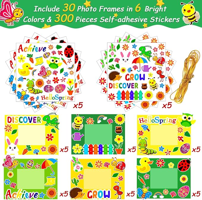 chiazllta 30 Packs Picture Frame Crafts DIY Stickers Flower Butterfly Spring Summer Craft Kits for Kids Bulk Art Craft Party Favors Home Back to School Classroom Activities Bulletin Board Decorations