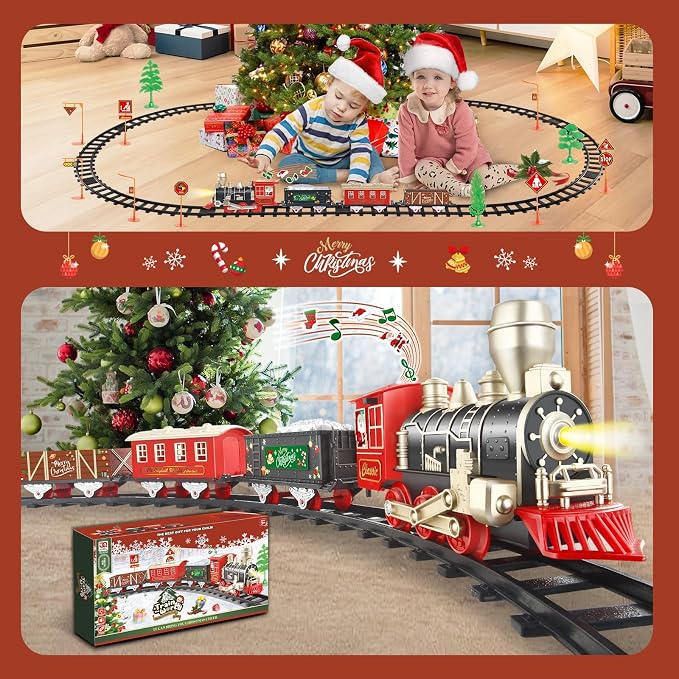 JQ JUQU Electric Train Set for Kids Ages 4-8 with Lights and Music - 20-Piece Toy Train and Tracks Set for Children, Compatible for Christmas Tree and Year-Round Play